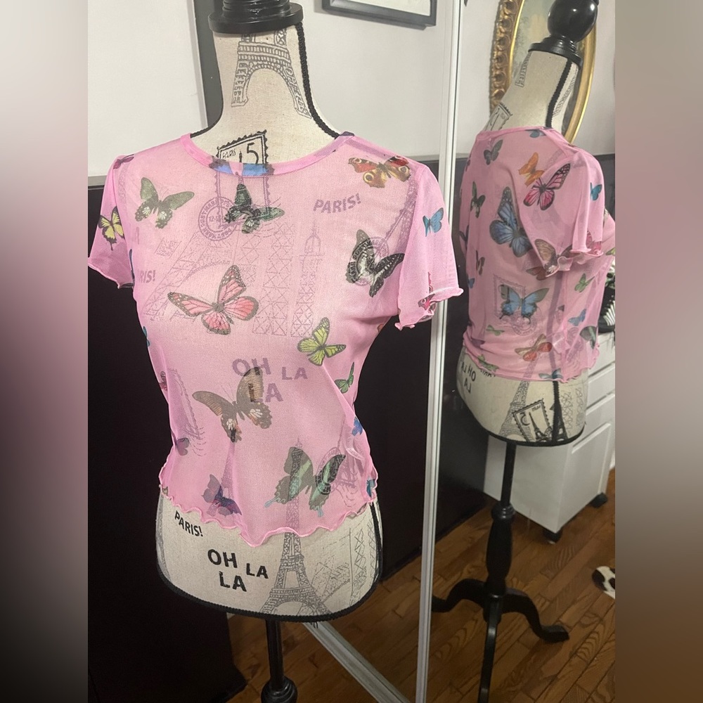 Dolls Kill sheer pink butterfly tee - Picture 2 of 4